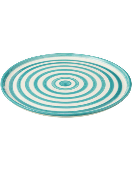 Grand Plat original rond 34 cm en Céramique Bleu aqua Blanc Motif lignes Granada - 1