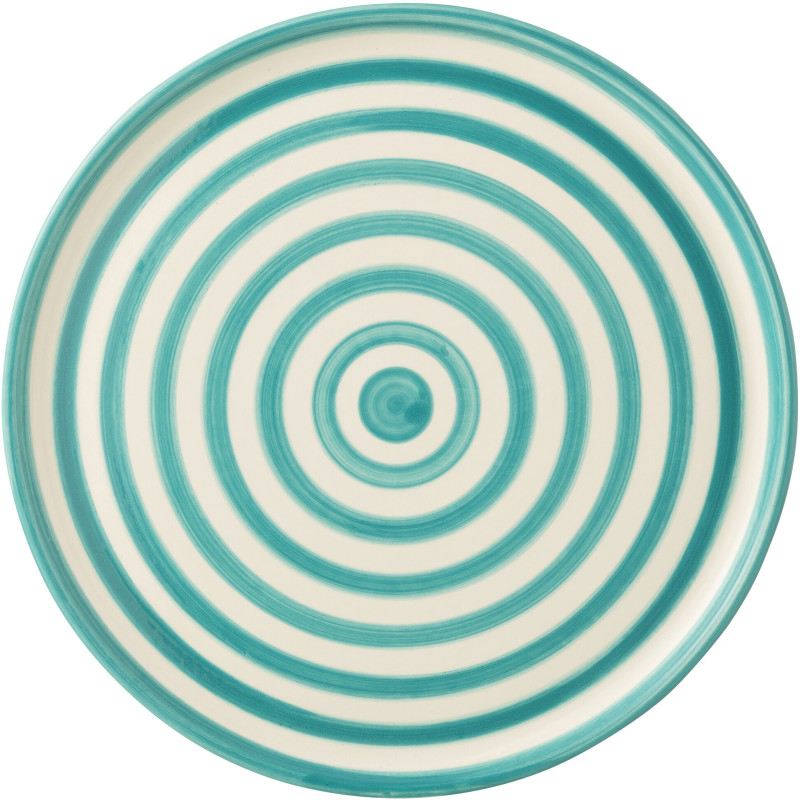 Grand Plat original rond 34 cm en Céramique Bleu aqua Blanc Motif lignes Granada - 2