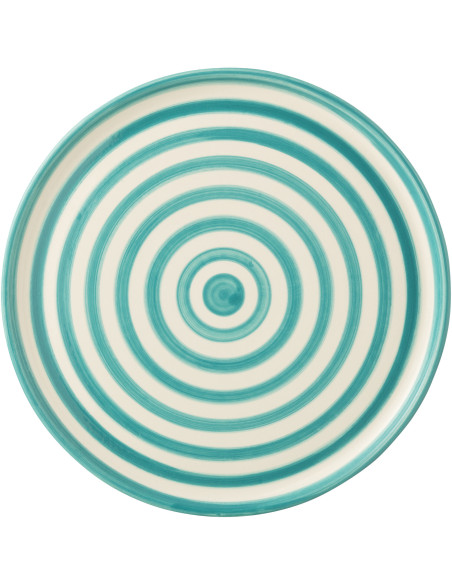 Grand Plat original rond 34 cm en Céramique Bleu aqua Blanc Motif lignes Granada - 2
