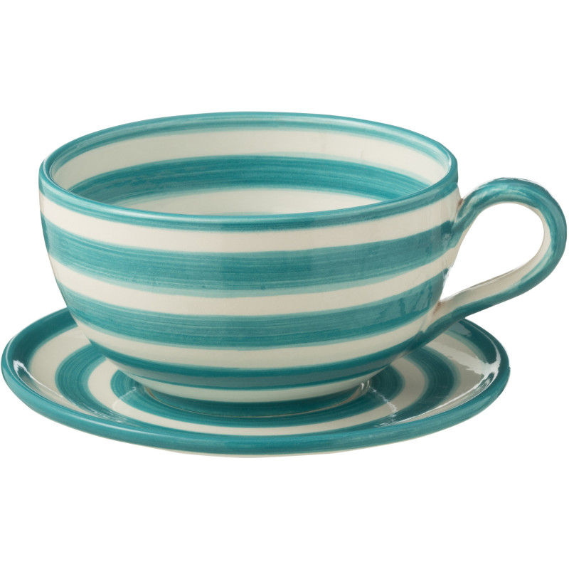 Tasse à thé avec soucoupe 500 ml en Céramique Bleu aqua Blanc Motif lignes Granada - 1