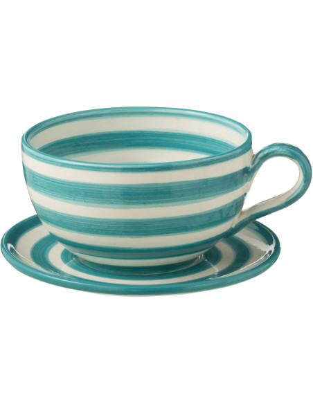 Tasse à thé avec soucoupe 500 ml en Céramique Bleu aqua Blanc Motif lignes Granada - 1