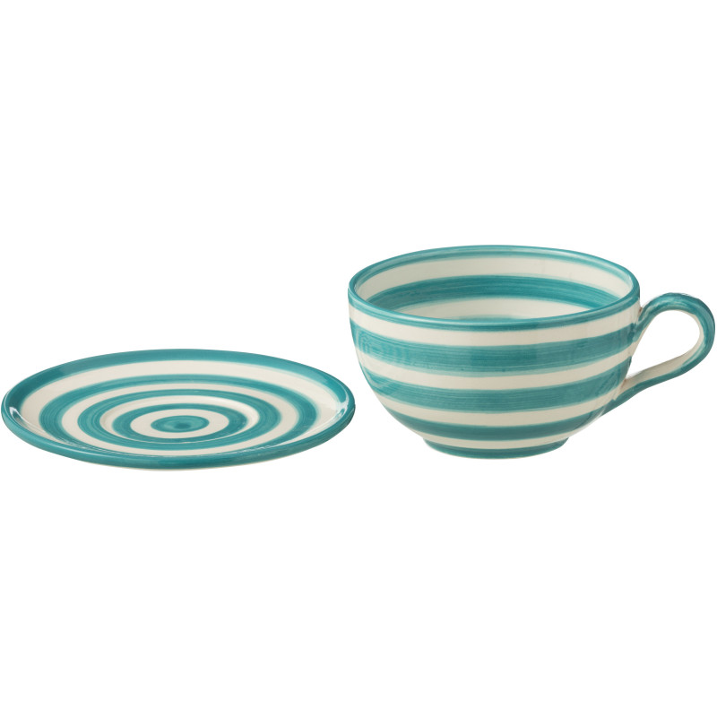 Tasse à thé avec soucoupe 500 ml en Céramique Bleu aqua Blanc Motif lignes Granada - 2