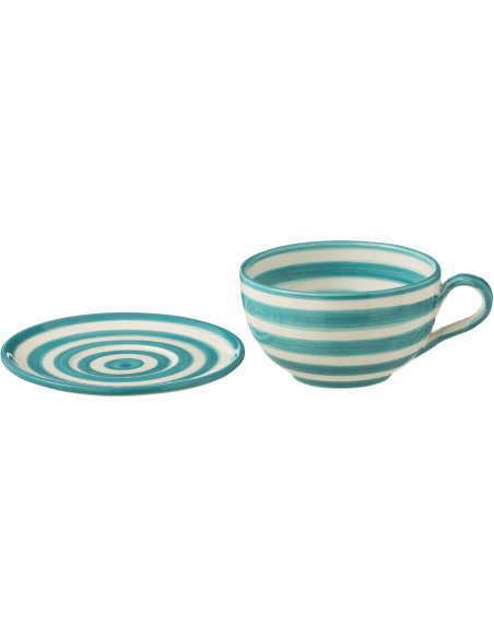 Tasse à thé avec soucoupe 500 ml en Céramique Bleu aqua Blanc Motif lignes Granada - 2
