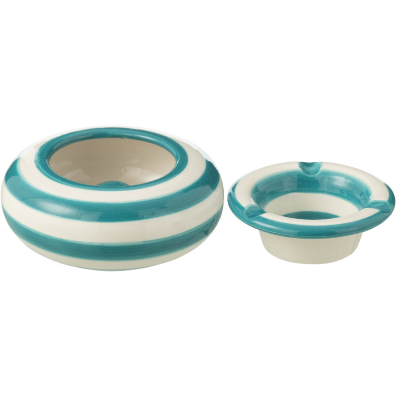 Petit Cendrier original 11 cm en Céramique Bleu aqua Blanc Motif lignes Granada - 2