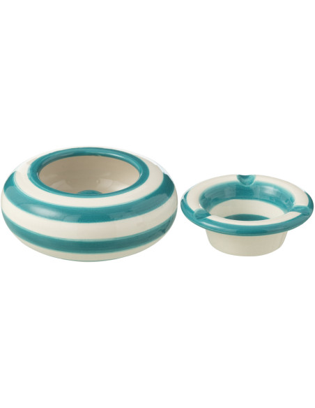 Petit Cendrier original 11 cm en Céramique Bleu aqua Blanc Motif lignes Granada - 2