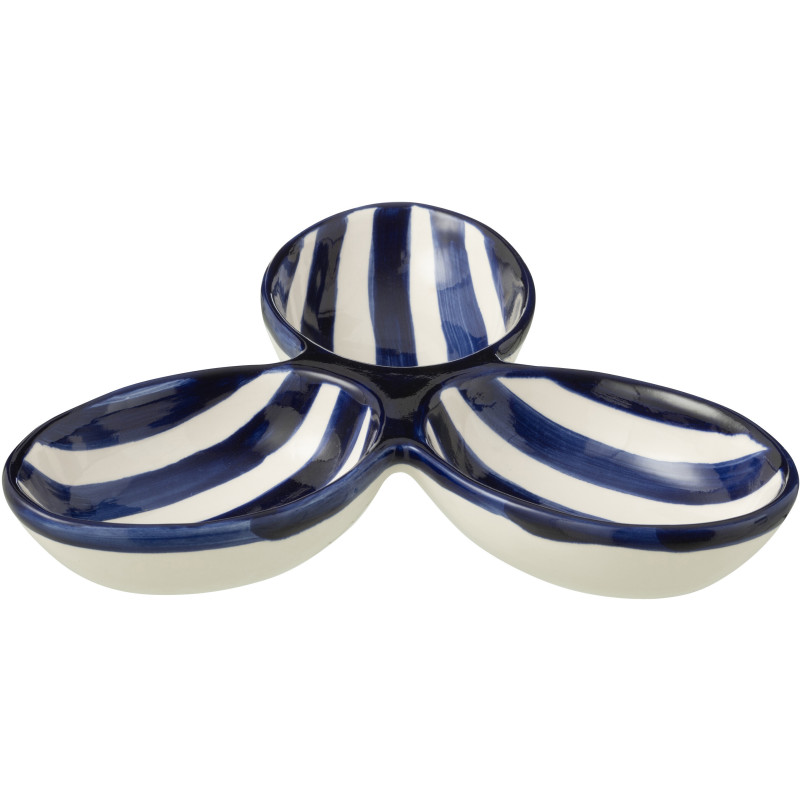 Plat à apéro 3 bols en Céramique Bleu cobalt Blanc Motif lignes Granada - 1