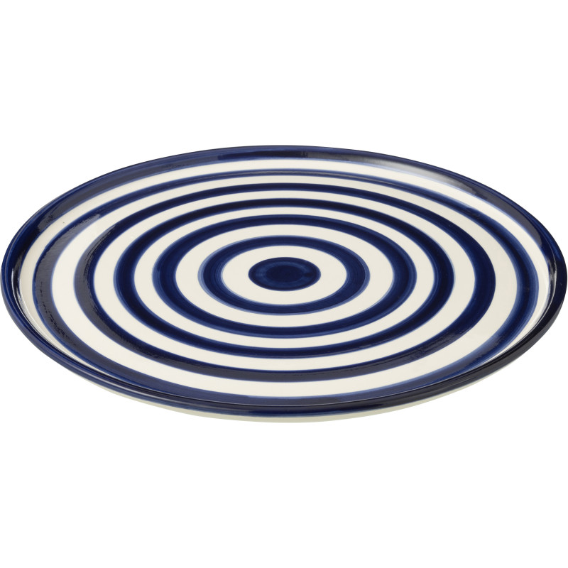 Grand Plat original rond 34 cm en Céramique Bleu cobalt Blanc Motif lignes Granada - 1