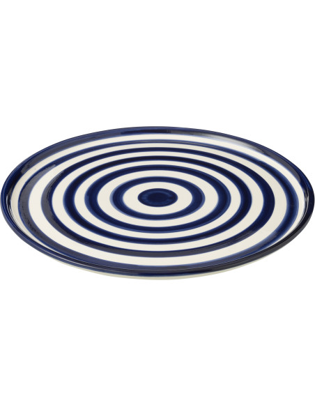 Grand Plat original rond 34 cm en Céramique Bleu cobalt Blanc Motif lignes Granada - 1