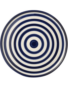 Grand Plat original rond 34 cm en Céramique Bleu cobalt Blanc Motif lignes Granada - 1 2