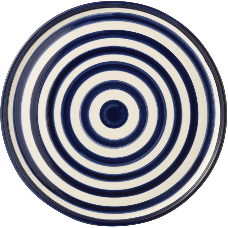 Grand Plat original rond 34 cm en Céramique Bleu cobalt Blanc Motif lignes Granada - 2