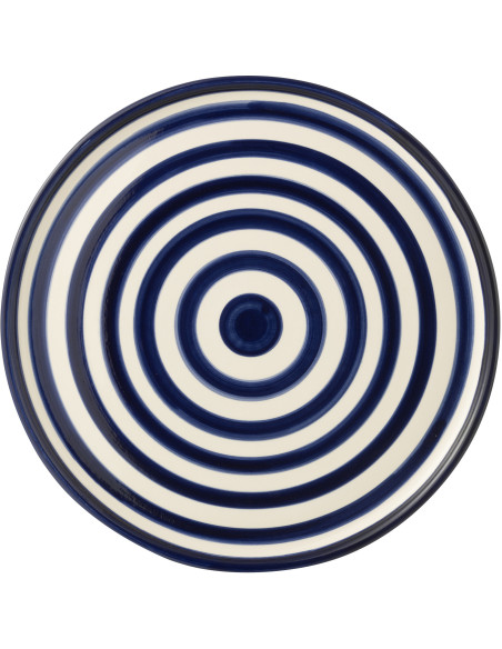 Grand Plat original rond 34 cm en Céramique Bleu cobalt Blanc Motif lignes Granada - 2