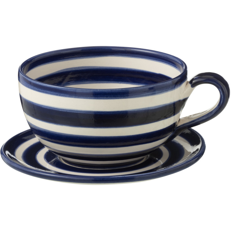 Tasse à thé avec soucoupe 500 ml en Céramique Bleu cobalt Blanc Motif lignes Granada - 1