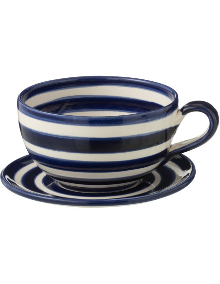 Tasse à thé avec soucoupe 500 ml en Céramique Bleu cobalt Blanc Motif lignes Granada - 1