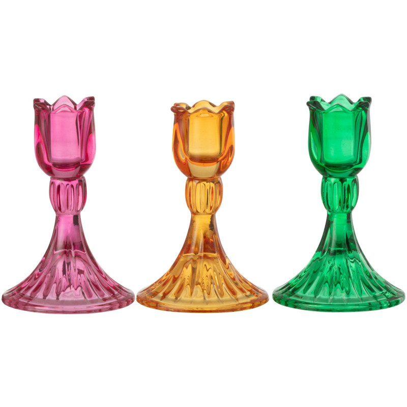 Bougeoir original Tulipe Hauteur 11 cm en Verre Rose fuchsia Jaune Vert Toli (Lot de 3) - 1