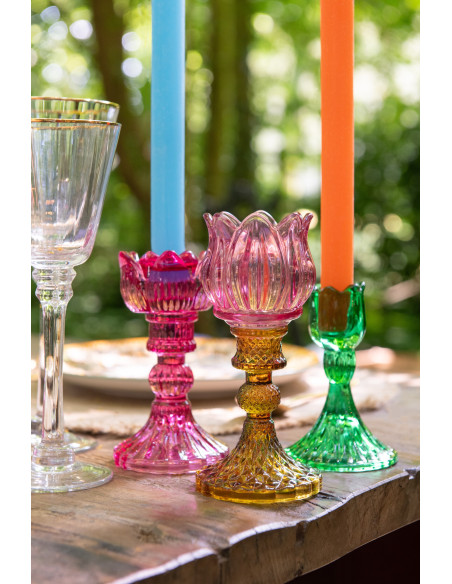 Bougeoir original Rose Hauteur 15 cm en Verre Rose fuchsia Jaune Vert Toli (Lot de 3) - 2
