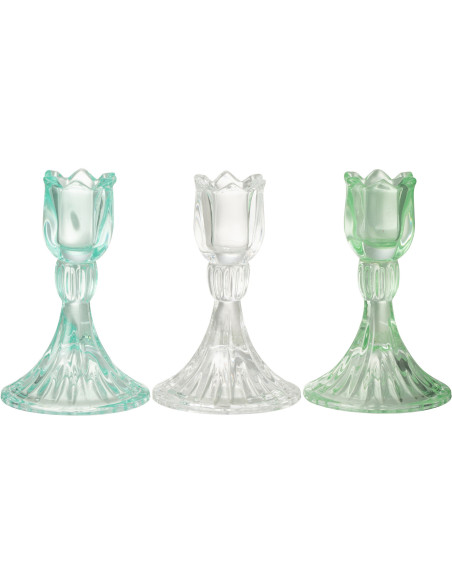 Bougeoir original Tulipe Hauteur 11 cm en Verre Bleu azur Transparent Vert Toli (Lot de 3) - 1