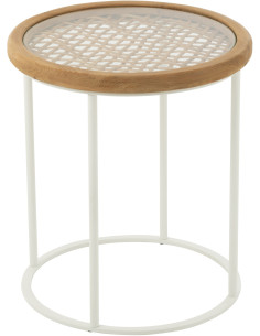 Table d'appoint bord de mer Ronde en Bois d'épicéa Naturel Verre Transparent Métal Blanc Motif cannage Mati - 1