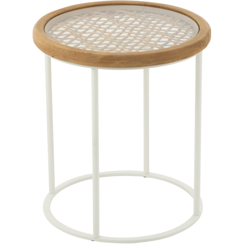 Table d'appoint bord de mer Ronde en Bois d'épicéa Naturel Verre Transparent Métal Blanc Motif cannage Mati - 1