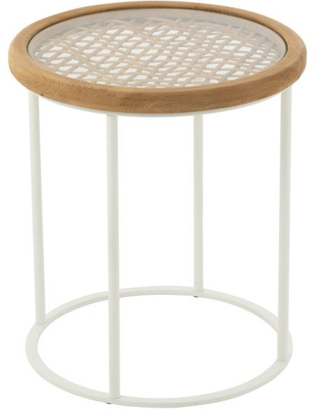 Table d'appoint bord de mer Ronde en Bois d'épicéa Naturel Verre Transparent Métal Blanc Motif cannage Mati - 1