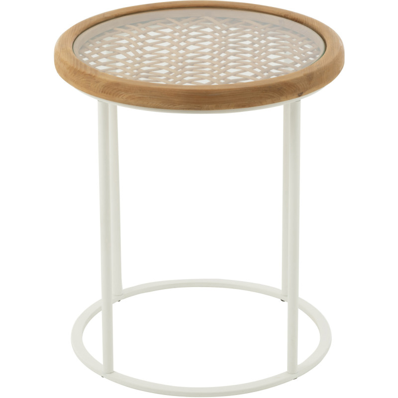 Table d'appoint bord de mer Ronde en Bois d'épicéa Naturel Verre Transparent Métal Blanc Motif cannage Mati - 2