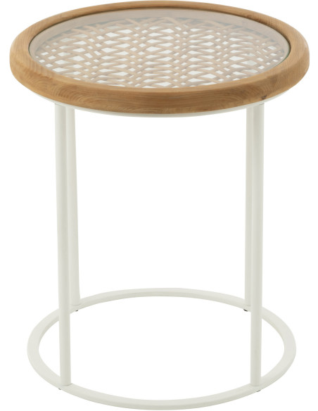 Table d'appoint bord de mer Ronde en Bois d'épicéa Naturel Verre Transparent Métal Blanc Motif cannage Mati - 2