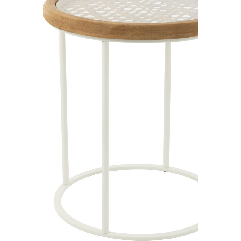 Table d'appoint bord de mer Ronde en Bois d'épicéa Naturel Verre Transparent Métal Blanc Motif cannage Mati - 3