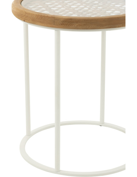 Table d'appoint bord de mer Ronde en Bois d'épicéa Naturel Verre Transparent Métal Blanc Motif cannage Mati - 3