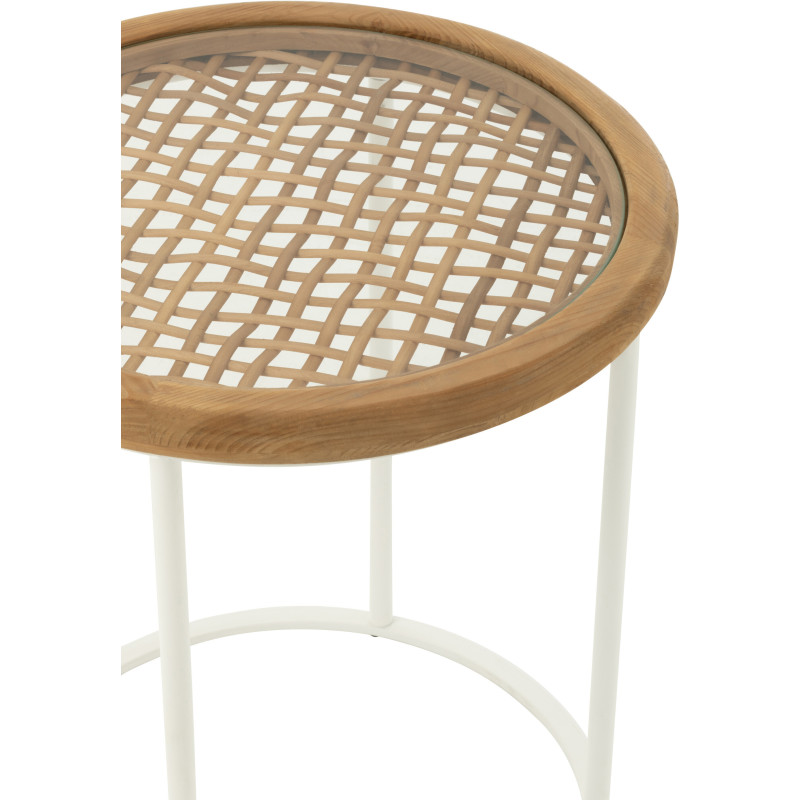 Table d'appoint bord de mer Ronde en Bois d'épicéa Naturel Verre Transparent Métal Blanc Motif cannage Mati - 4