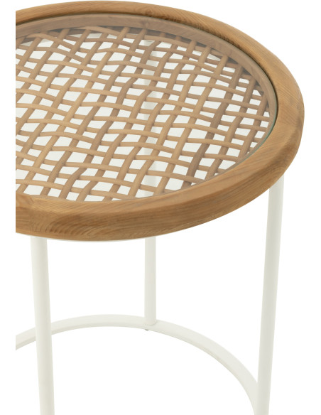 Table d'appoint bord de mer Ronde en Bois d'épicéa Naturel Verre Transparent Métal Blanc Motif cannage Mati - 4