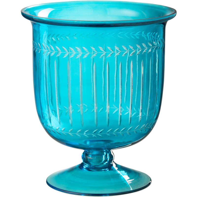 Grand Photophore Verre sur pied Diamètre 22 cm en Verre Bleu azur Métal Noir Tarifa - 1