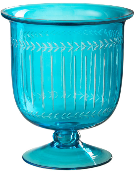 Grand Photophore Verre sur pied Diamètre 22 cm en Verre Bleu azur Métal Noir Tarifa - 1