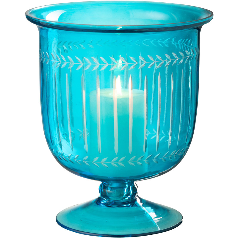 Grand Photophore Verre sur pied Diamètre 22 cm en Verre Bleu azur Métal Noir Tarifa - 2