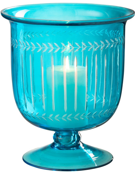 Grand Photophore Verre sur pied Diamètre 22 cm en Verre Bleu azur Métal Noir Tarifa - 2