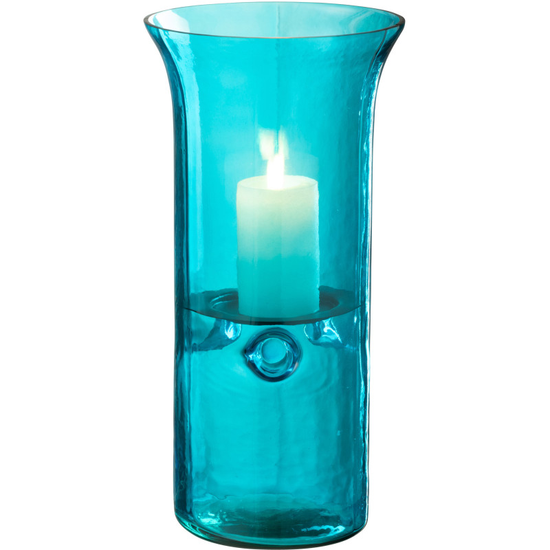 Grand Photophore moderne cylindrique Hauteur 30 cm en Verre Bleu azur Métal Noir Tarifa - 2