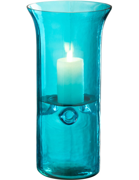 Grand Photophore moderne cylindrique Hauteur 30 cm en Verre Bleu azur Métal Noir Tarifa - 2