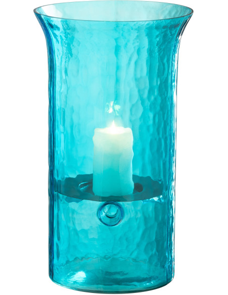 Grand Photophore moderne cylindrique Hauteur 34 cm en Verre Bleu azur Métal Noir Tarifa - 2