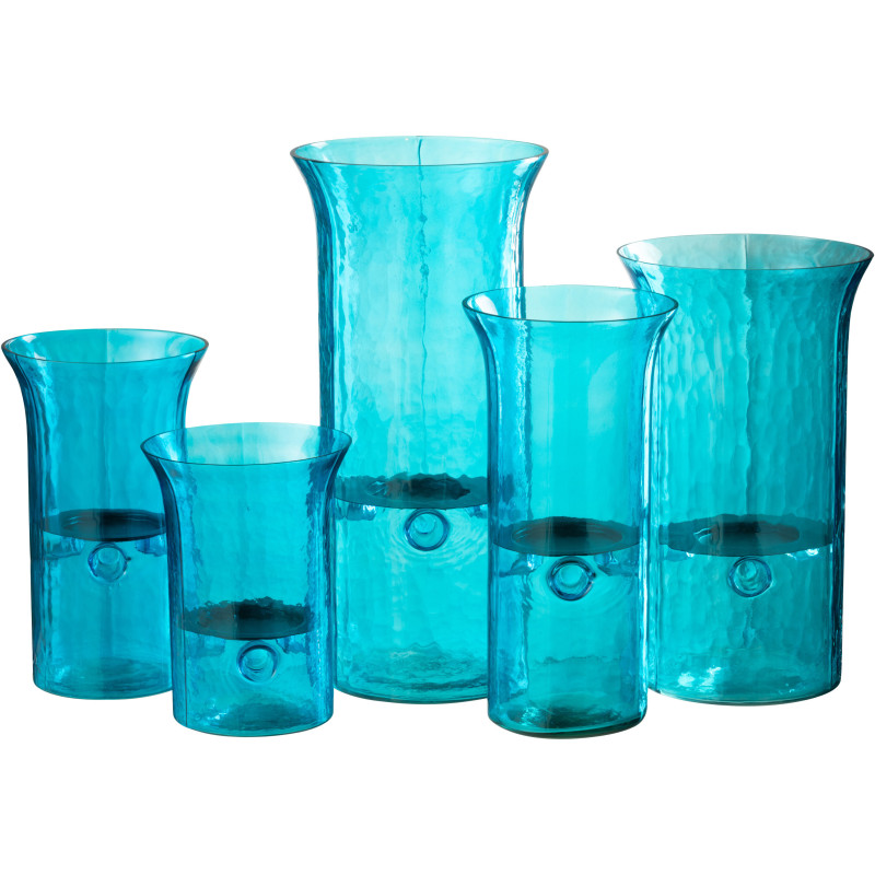 Grand Photophore moderne cylindrique Hauteur 41 cm en Verre Bleu azur Métal Noir Tarifa - 4