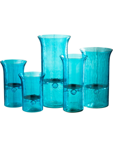 Grand Photophore moderne cylindrique Hauteur 41 cm en Verre Bleu azur Métal Noir Tarifa - 4