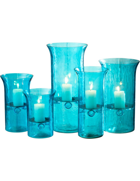 Grand Photophore moderne cylindrique Hauteur 41 cm en Verre Bleu azur Métal Noir Tarifa - 5