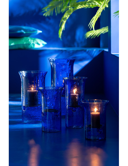 Grand Photophore moderne cylindrique Hauteur 34 cm en Verre Bleu Métal Noir Tarifa - 2