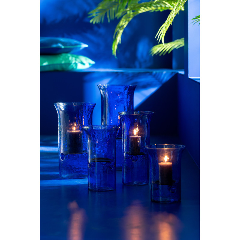 Grand Photophore moderne cylindrique Hauteur 41 cm en Verre Bleu Métal Noir Tarifa - 2