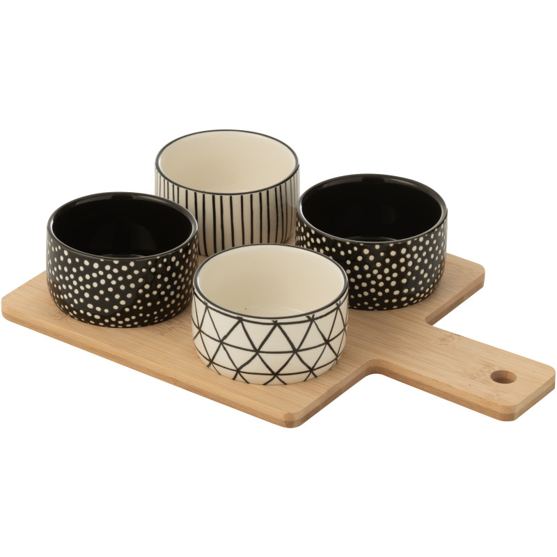 Planche à tapas rectangulaire 4 Bols en Bois Naturel Céramique Noir Blanc Noxi - 1