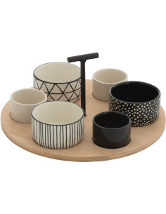 Service à tapas rond 6 Bols en Bois Naturel Céramique Noir Blanc Noxi - 1