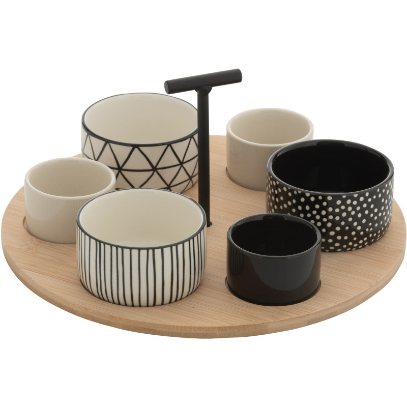 Service à tapas rond 6 Bols en Bois Naturel Céramique Noir Blanc Noxi - 1