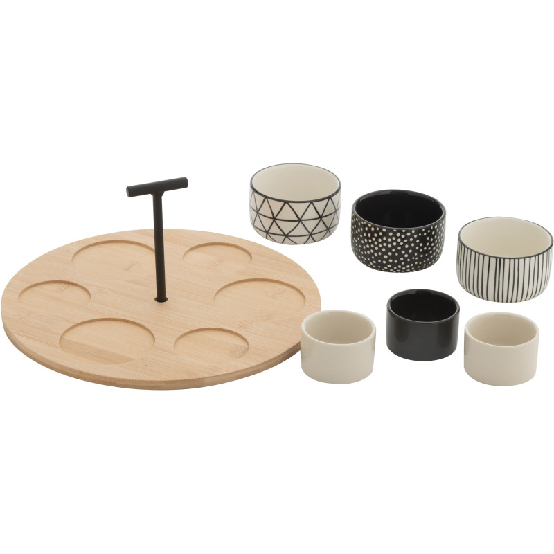 Service à tapas rond 6 Bols en Bois Naturel Céramique Noir Blanc Noxi - 2