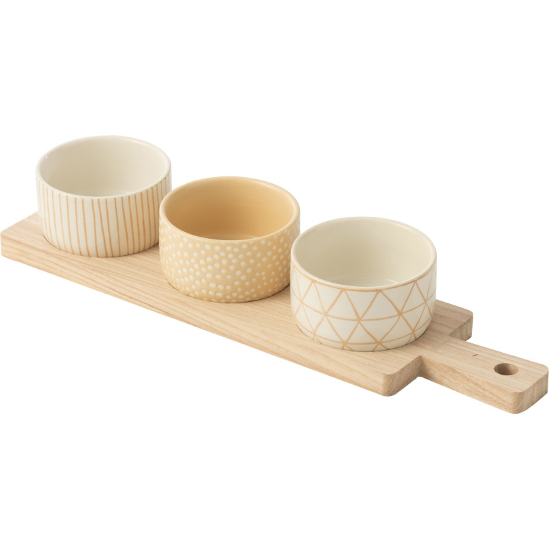 Planche à tapas rectangulaire 3 Bols en Bois Naturel Céramique Beige Blanc Noxi - 1