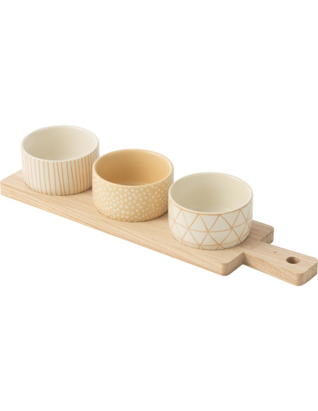 Planche à tapas rectangulaire 3 Bols en Bois Naturel Céramique Beige Blanc Noxi - 1