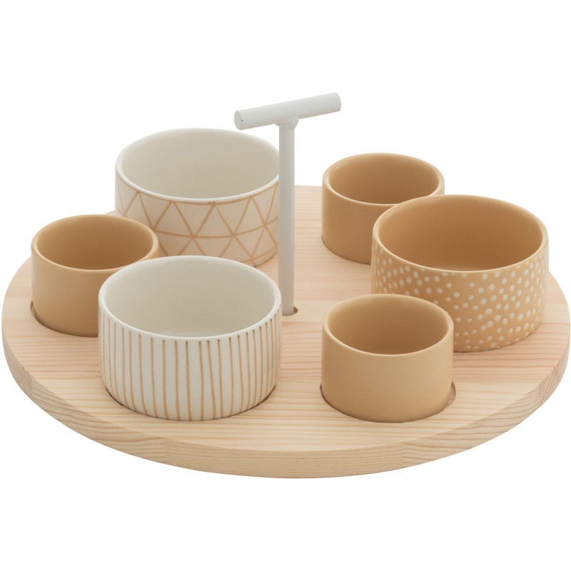 Service à tapas rond 6 Bols en Bois Naturel Céramique Beige Blanc Noxi - 1