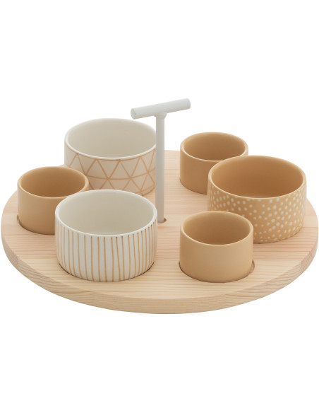 Service à tapas rond 6 Bols en Bois Naturel Céramique Beige Blanc Noxi - 1