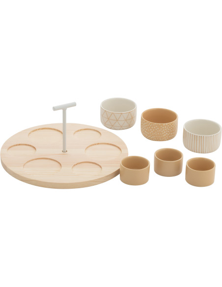 Service à tapas rond 6 Bols en Bois Naturel Céramique Beige Blanc Noxi - 2